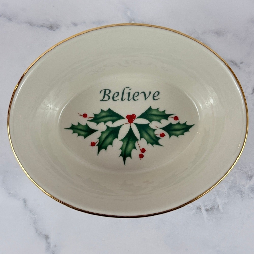 Lenox Holiday Sentiment "Believe" Oval Petite Trinket Dish Bowl 5" X 4"